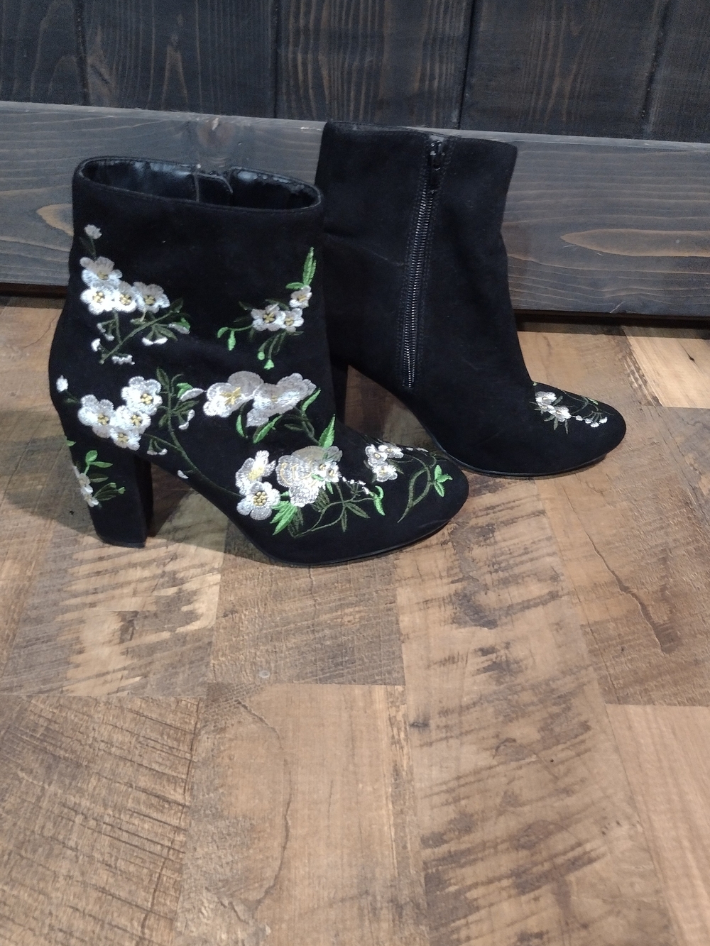 Black Embroidered Floral Block Heel Ankle Boots